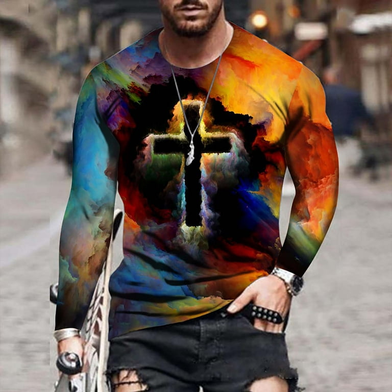 Eryao Men's Fashion Hip Hop Long Sleeve Cross Jesus Faith Graphic T