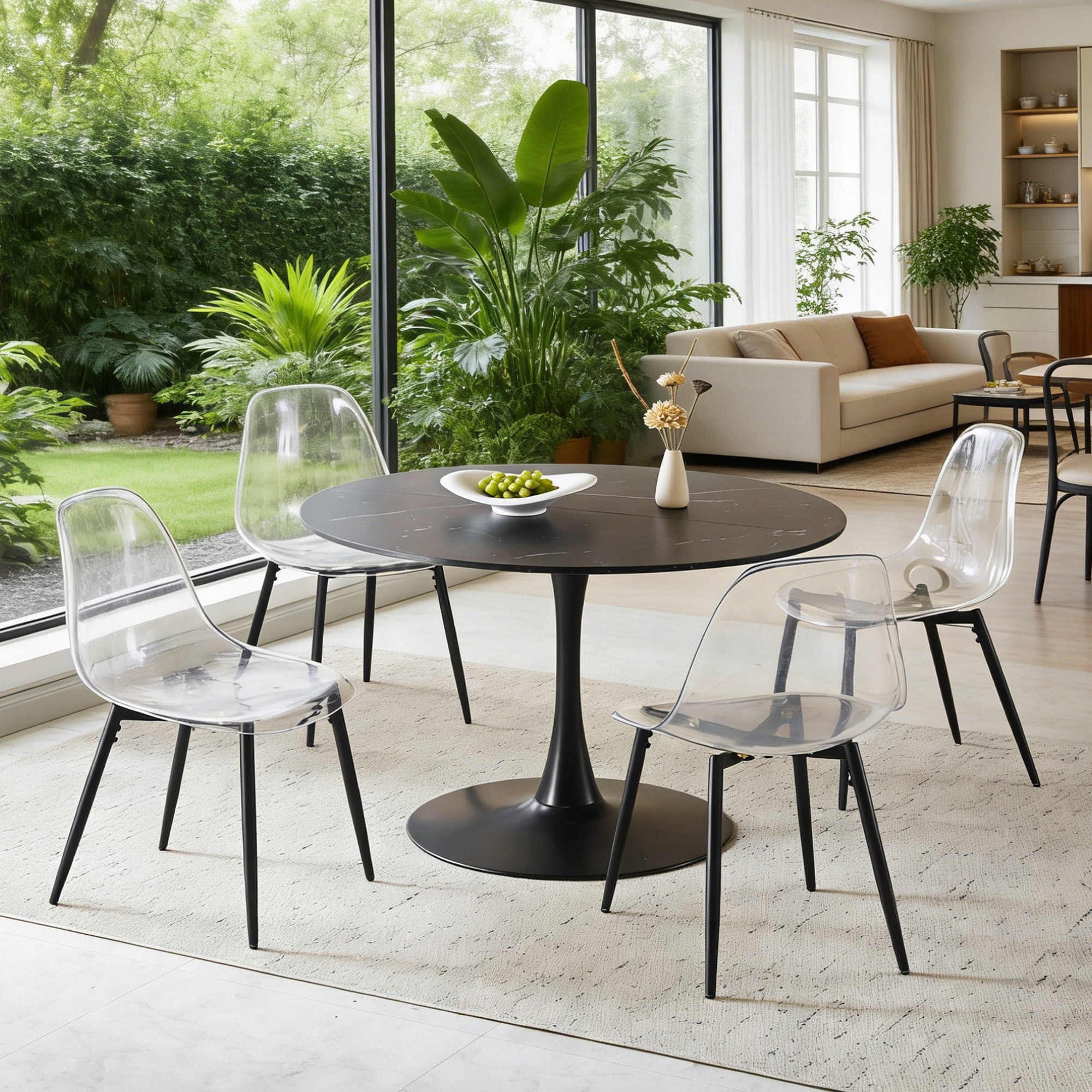 Mintazer 42.1" Large Round Dining Table Top Tulip Table for 4-6 People, Mid-Century MDF Kitchen Table for Dining Room, Black with Pattern