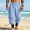 thumbnail image 2 of Men's Linen Pants Contrast Color Cuffed Jogger Drawstring Design Breathable Casual Pants Lightweight Everyday Trousers Light Blue S, 2 of 9