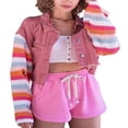 thumbnail image 3 of Women Denim Patchwork Jacket Button Down Distressed Cropped Denim Jacket Striped Pattern Long Sleeve with Pockets Streetwear, 3 of 8