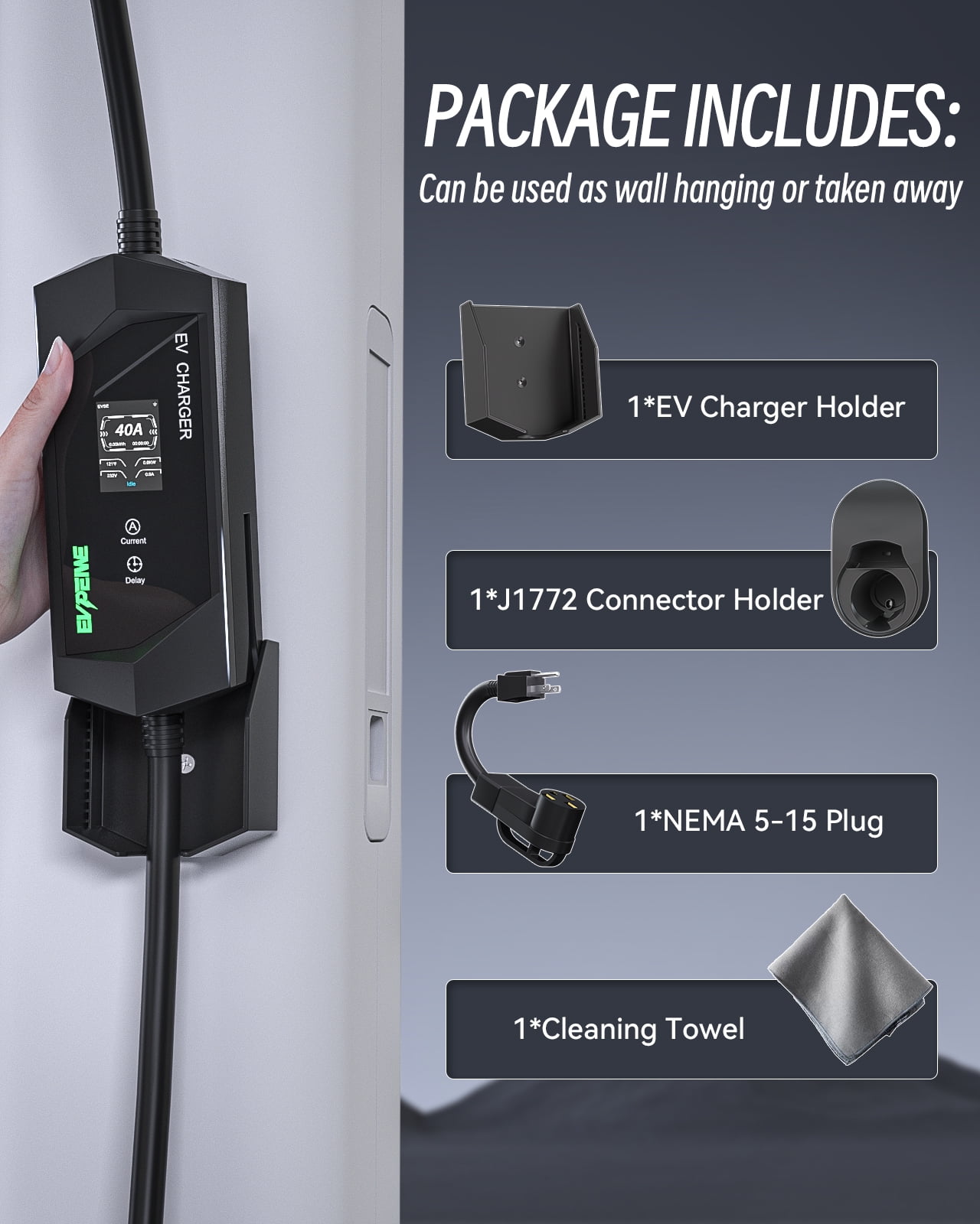 EVPEIWE,240V /40A J1772 Level 1/2 EV Charger 25ft, Portable EV Charger with NEMA 14-50/NEMA 5-15 Plug