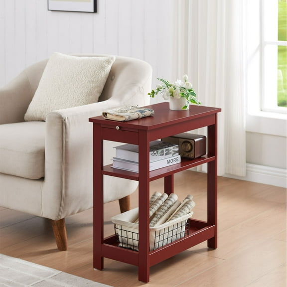 Kings Brand Furniture - Slim Wood Side End Table with Storage Shelves & Pull-Out Tray, Nightstand for Bedroom, Living Room, Red
