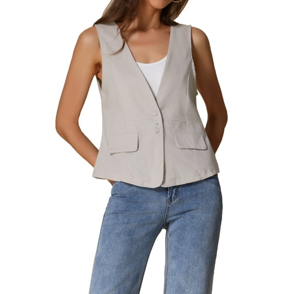 INSPIRE CHIC Women's Casual Linen V Neck Sleeveless Single Button Breasted Lightweight Waistcoat XS Beige Gray