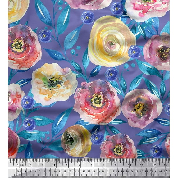 Soimoi Purple Moss Georgette Fabric Leaves & Pink Floral Print Sewing Fabric BTY 42 Inch Wide