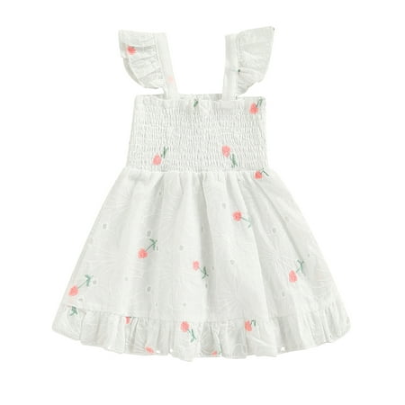 

CenturyX Toddler Baby Girl Fly Sleeve Dress Flower Embroidered Hollow Ruched A-Line Dress for Summer White 3-4 Years