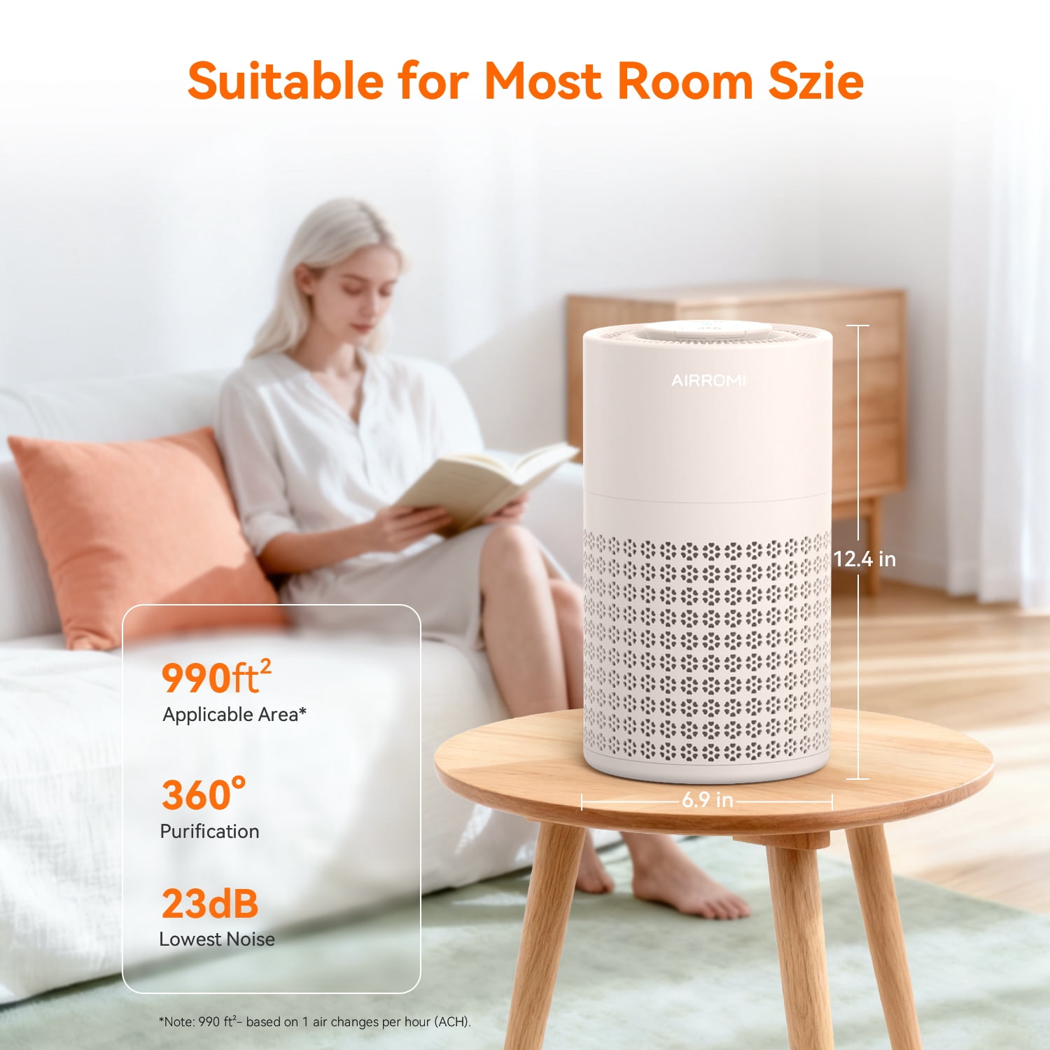 AIRROMI Air Purifier for Home Bedroom Covers 990 Ft² - Hepa 3-in-1 Filter, with Aromatherapy, Night Light & Timer, Remove Smoke, Pet Dander, Odor, Dust,A2001 Beige