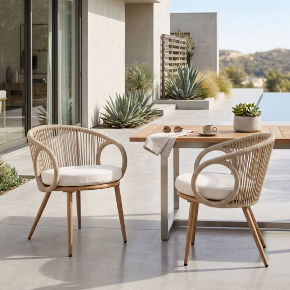 Dayalane Outdoor Dining Chairs Set of 2, Modern Rope Woven Patio Armchairs with Cushions, Wood-Look Metal Frame, All-Weather Furniture for Balcony, Backyard Bistro, Beige
