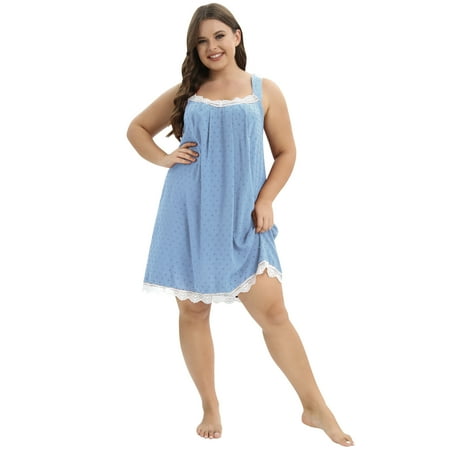 

WBQ Women s Lace Trim Nightdress Summer Sleeveless Nightshirt Loose Chemise Lounge Dresses Wide Strap Sleep Shirt Plus Size