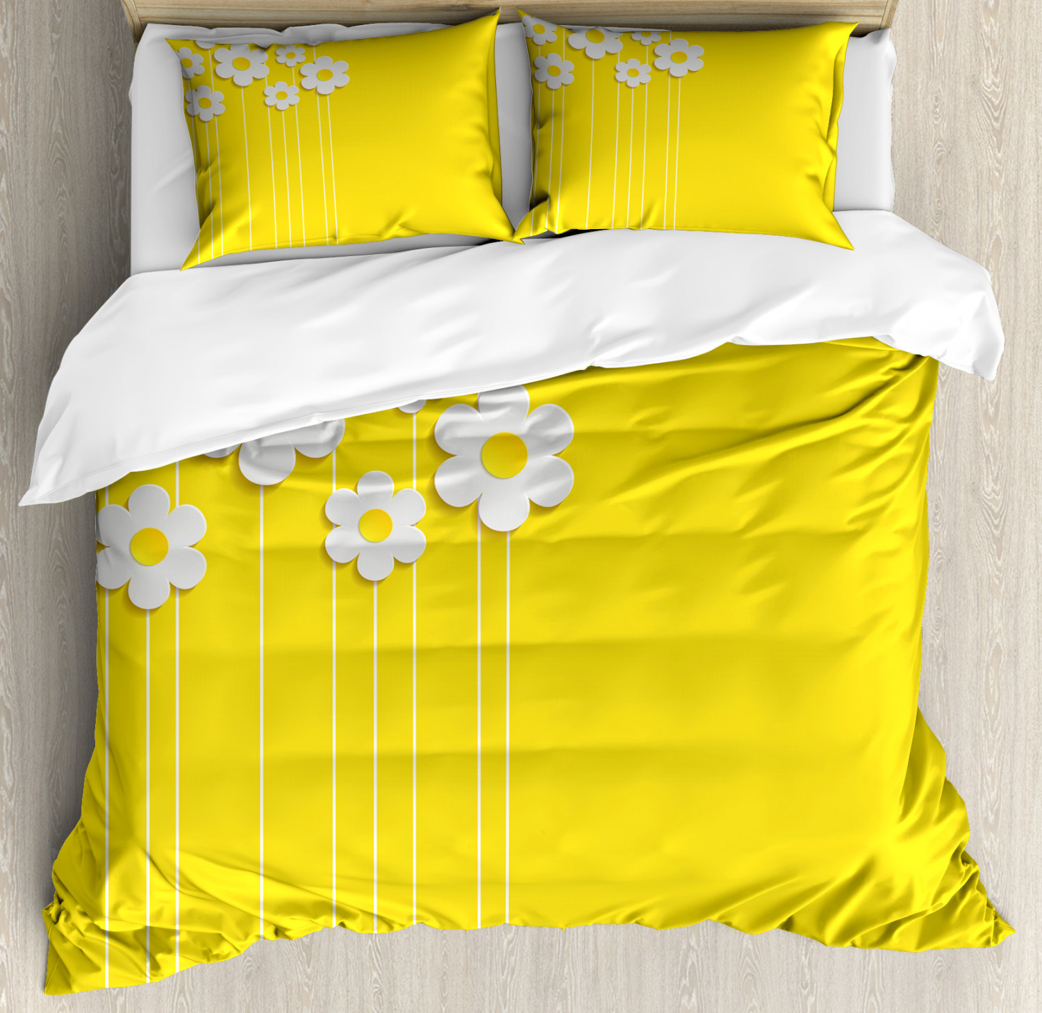 Yellow Duvet Cover Set, Spring Flowers Daisy Pattern on Clean