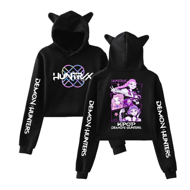 Pop cazadora para niña Demo-n Hunters Women's Fashion Hooded Sweatshirt Cat Ear Pullover Casual Streetwear Soft Comfortable Long Sleeve Tops for Daily Wear Spring Fall Winter (Black)