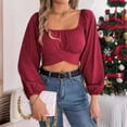 thumbnail image 4 of adaychics Ruched Long Sleeve Crop Top Square Neck Ruched Lantern Long Sleeve Tie Back Crop Top Blouse for Vacation, 4 of 7