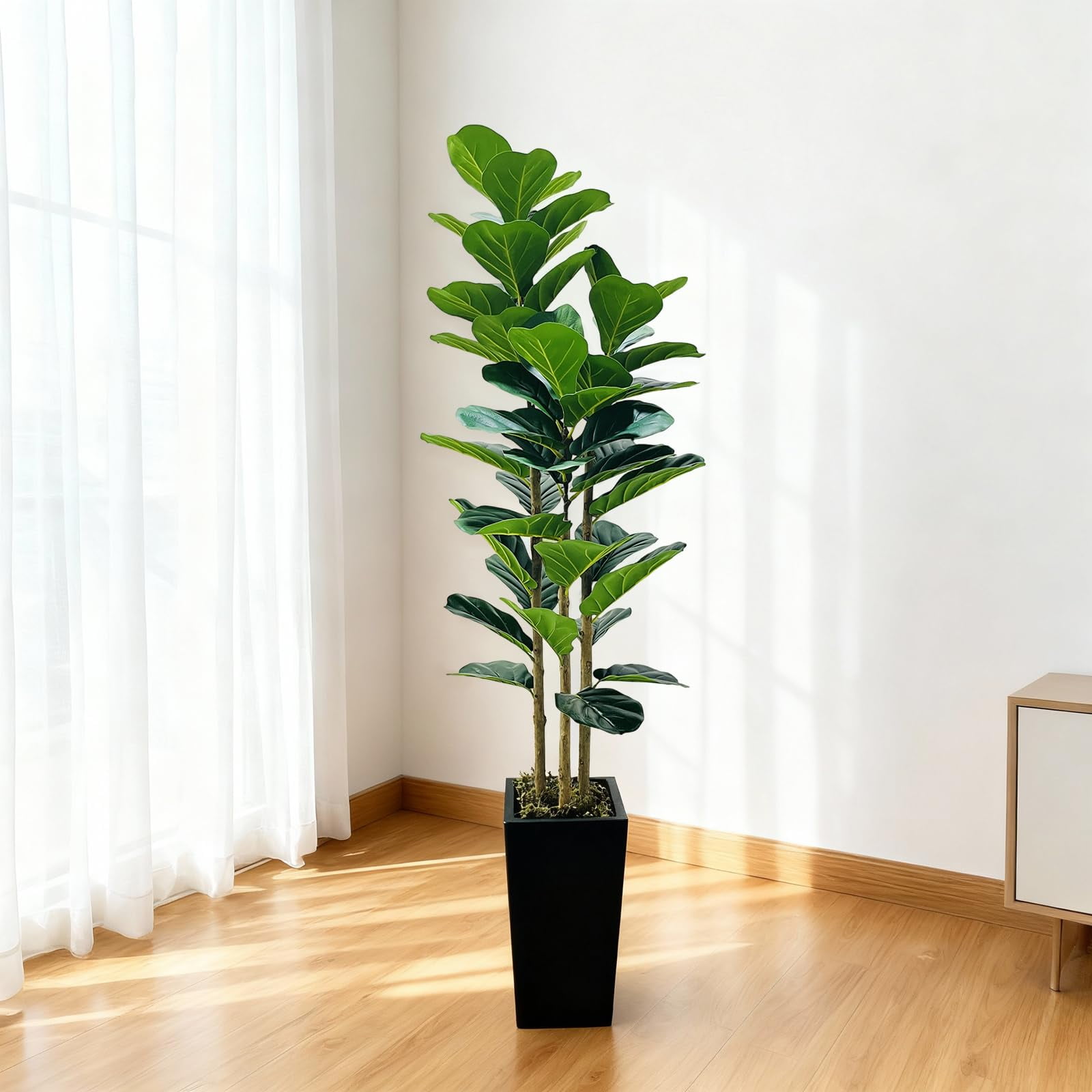 Artificial Fiddle Leaf Fig Tree 150cm Tall with Planter - Realistic Fake Tree Natural Wood Trunk, Large Indoor Plant for Home Office Decor, Bathroom, Bedroom, Hallway, Party Gift Indoor/Outdoor