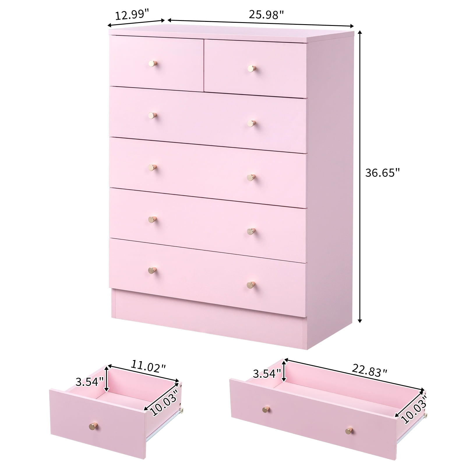 5-Tier 6-Drawer Cabinet with Matte Gold Handles, Particleboard Storage Dresser, Pink, 25.98 x 12.99 x 35.04 in