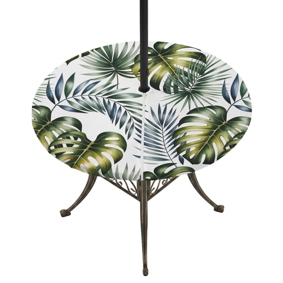 Tropical Palm Round Outdoor Tablecloth with Umbrella Hole Zipper, Summer Modern Dark Green Botanical Leaves Elastic Fitted Table Cover, Waterproof Table Cloth for Patio Picnic Party Fits 36"-44"