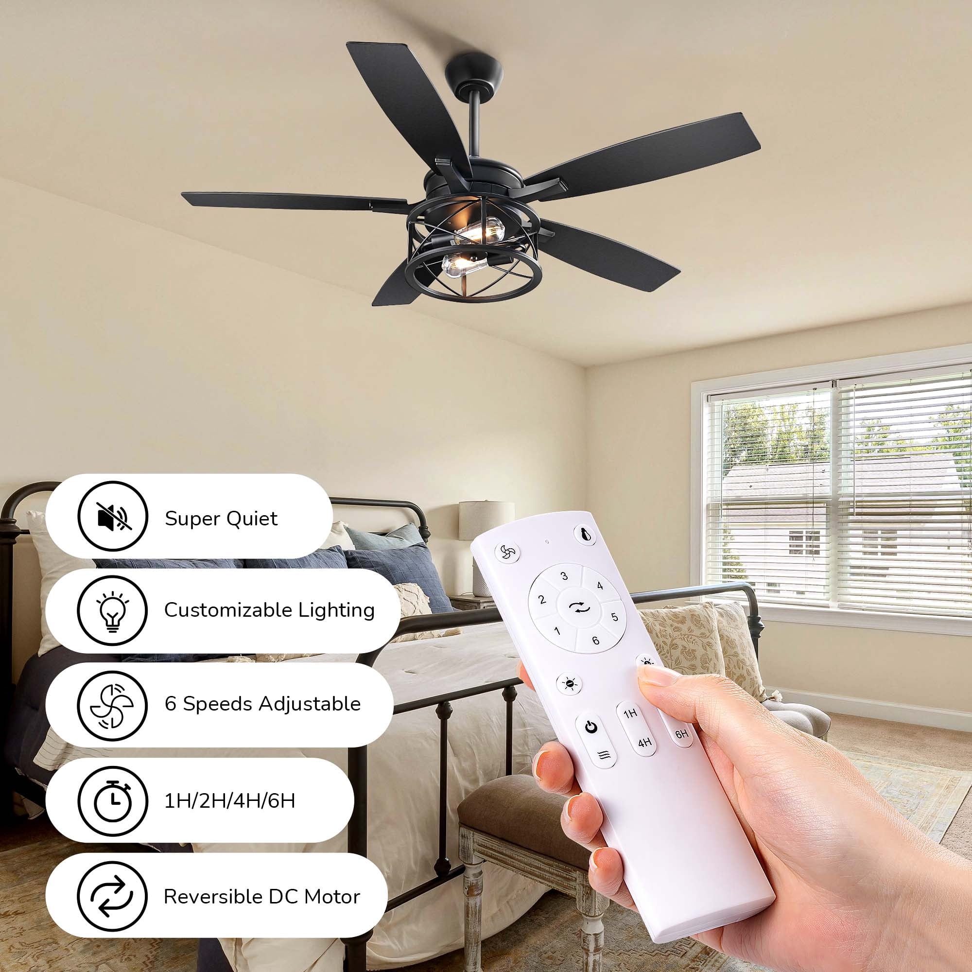 EDISHINE Farmhouse Black Ceiling Fan with Light and Remote Control, 5 Wood Blades, Rustic Farmhouse Ceiling Fan with Light for Living Room, Bedroom, Wet Rated