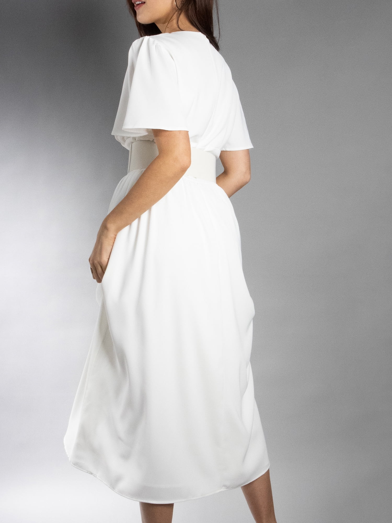 DARING DIVA Women's Elegant Flutter Sleeve Midi Dress S White