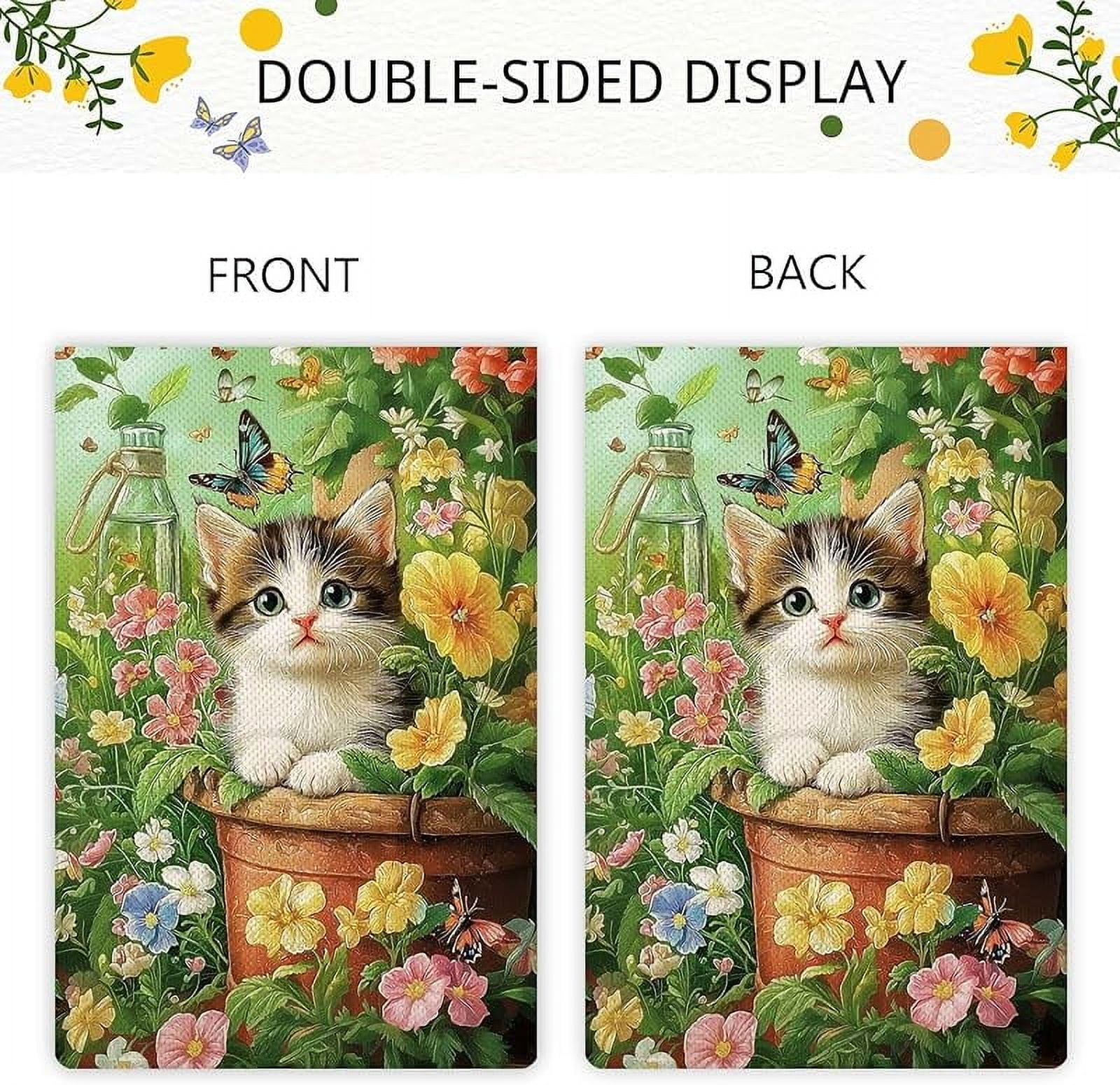 Spring Cute Cat Garden Flag Spring Summer Butterfly Floral Flowers Garden Flag Vertical Double Sided Rustic Farmland Burlap Yard Lawn Outdoor Decor