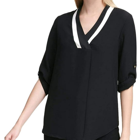 Calvin Klein Womens Contrast Neck Roll Tab Sleeve Top;XS