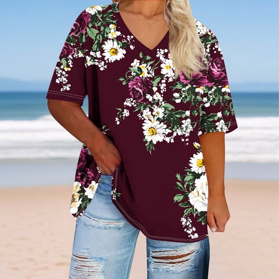 4X Women's Plus Size Tops Under $10 V-neck Short Sleeved Solid Summer Base Shirt Sports T-shirt