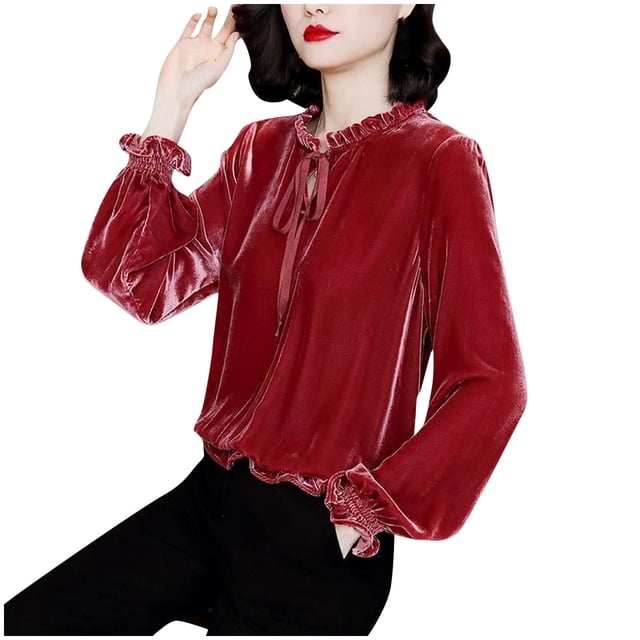 Timegard Plus Size Tops pour Femmes Volant Manches Longues Col Rond T-Shirt Confortable Automne Hiver Casual Tops