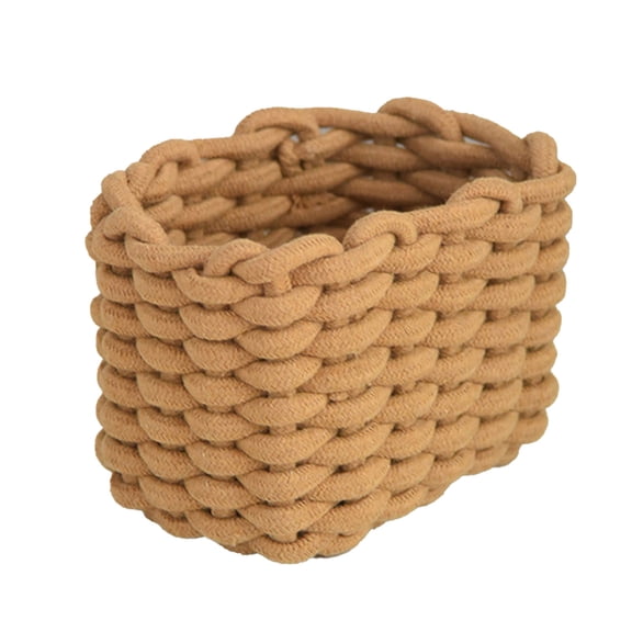 Small Woven Cotton Rope Storage Basket, Square Organizer Bin for Bathroom Bedroom Shelf and Desk Storage(Khaki,18x14cm)