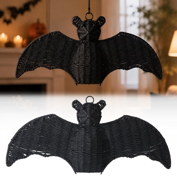 WD-Forest Woven Rattan Bat Wall Hanging, 18.50" Halloween Gothic Decor, Creepy Night Creature Ornament for Porch Mantel Shelf (No Rope)