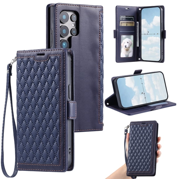 Crossbody Wrist Strap Flip Phone Case for Samsung Galaxy S25 Ultra, Girls PU Leather Shockproof Protection Card Slots Magnetic Closure Kickstand Wallet Case for S25 Ultra, Blue