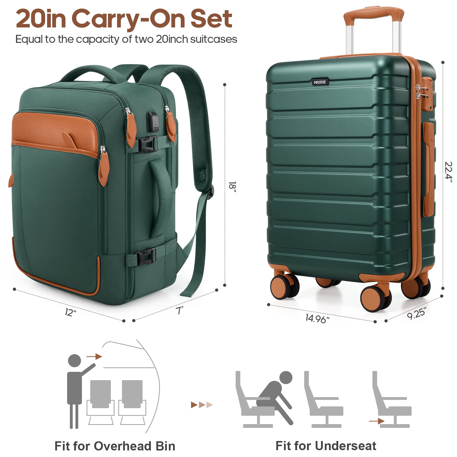 MIUSSE Carry on Luggage Set 3 Piece Hard Shell Luggage Sets with YKK Zipper Spinner Wheels TSA Lock Carry on with Backpack Set