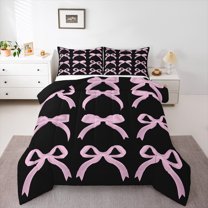 Manfei Princess Dreamy Bow Bedding Comforter Set for Kid, Black Pink Twin Comforter Sets, Kawaii Cartoon Bowknot Reversible Bedding Set, Super Cozy Room Decor, 2-Piece