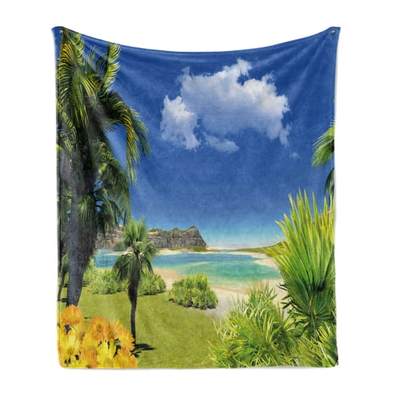 Tropical Soft Flannel Fleece Throw Blanket, Paradise Beach with Palm Trees in Exotic Island Happiness Coastal Charm Image, Cozy Plush for Indoor and Outdoor Use, 70" x 90", Multicolor, by Ambesonne