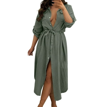 

Women Long Sleeve Loose Elegant Maxi Dress Button Down Up Shirt Long Dress With Pockets And Belts Women Dress off Shoulder Casual Dress Shoe for Women