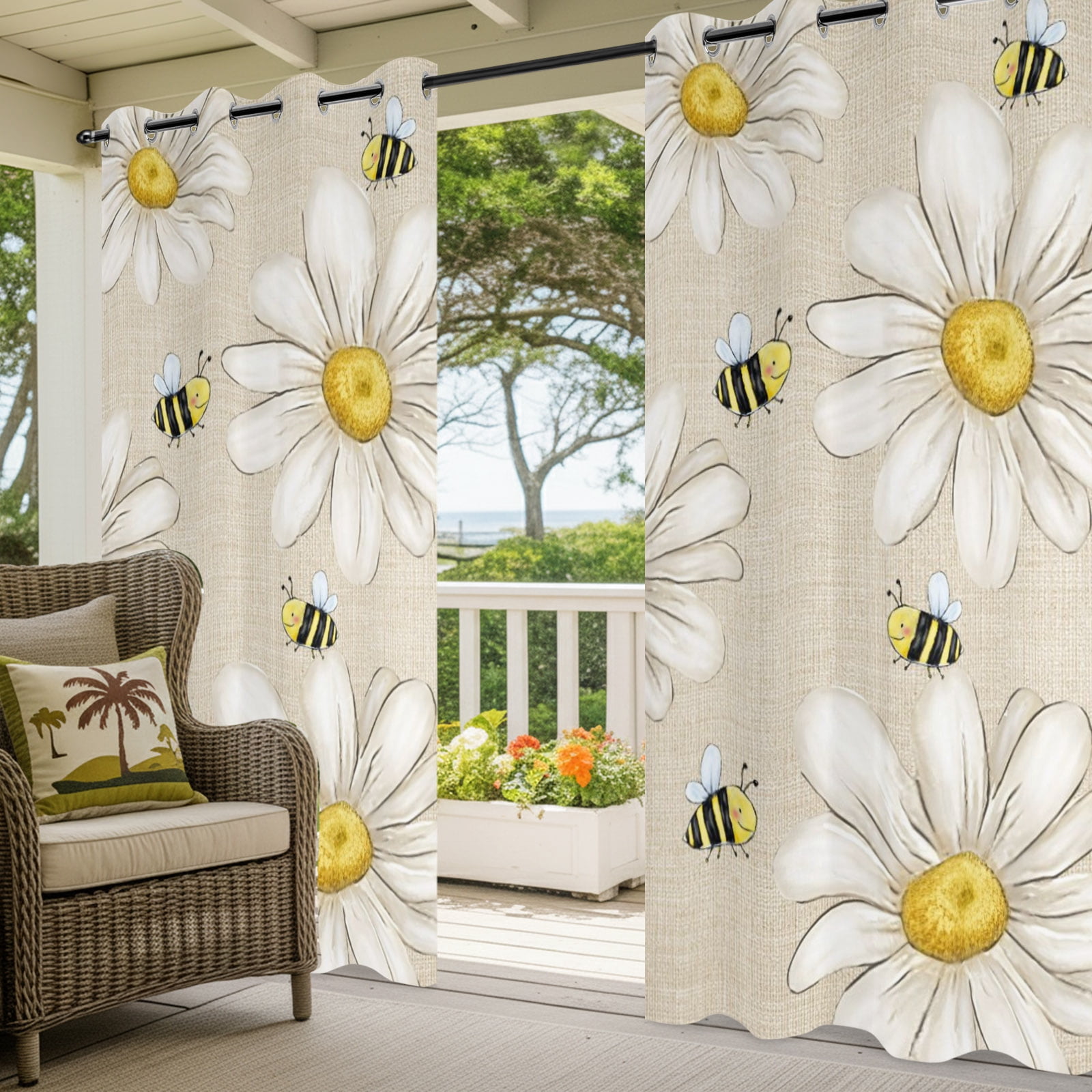 White Daisy Honeybees Outdoor Curtains for Patio, Farmhouse Floral Vintage Minimalist Sunshade Privacy Drapes Grommet Waterproof Outside Curtains for Porch/Cabana/Balcony 54"x 108", 1 Panel