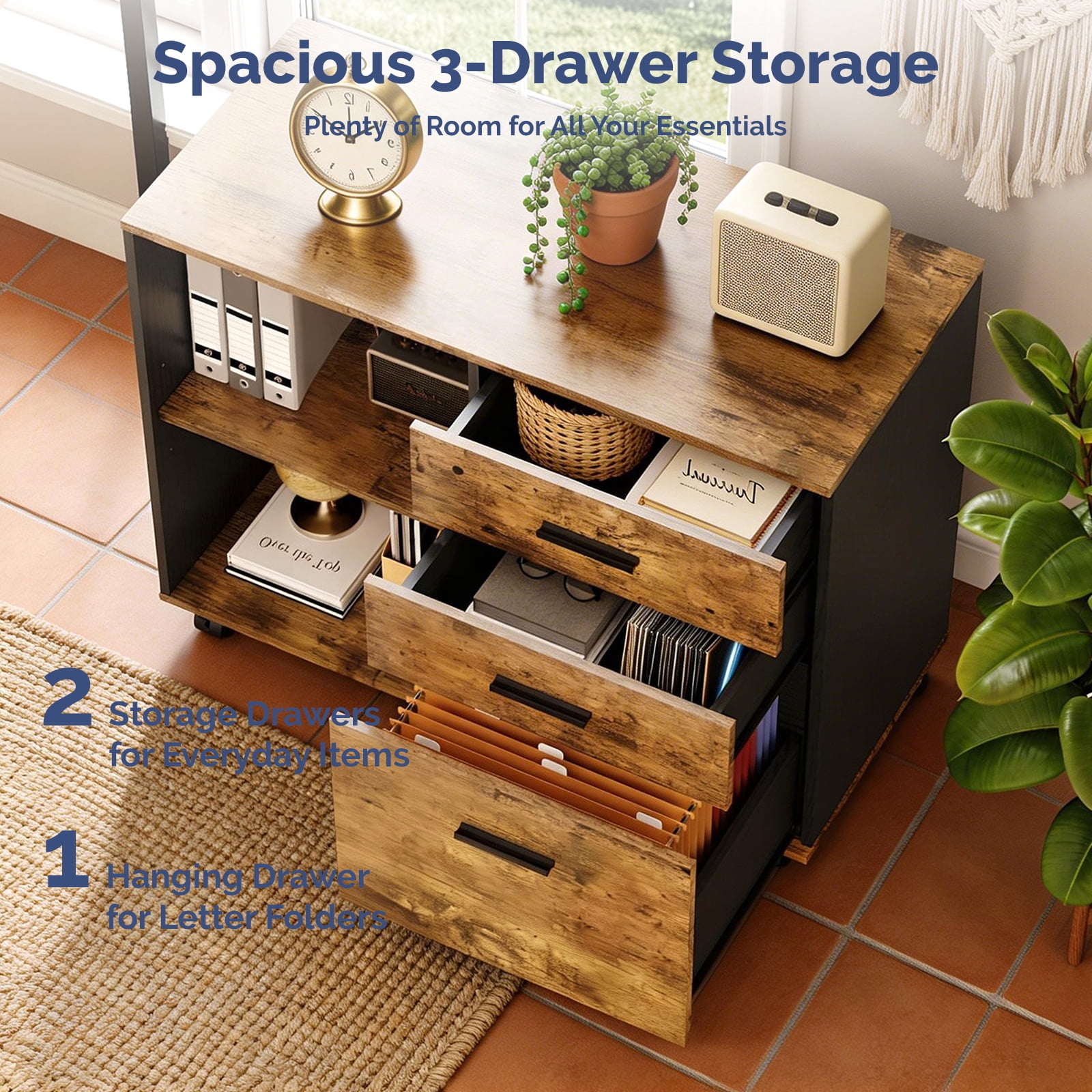 Ktaxon 3 Drawer File Cabinet with Open Shelf, Wood Rolling File Cabinet with Open Shelves,Legal & Letter Size, Brown