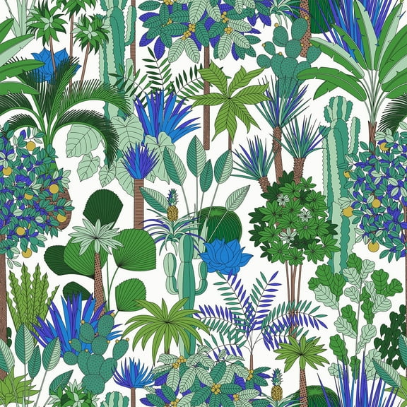 VEELIKE Blue Green Tropical Wallpaper Peel and Stick Removable Oasis Tress Cactus Wallpaper Self Adhesive Green Contact Paper for Wall Cabinet 17.7''x118'' Green Floral Wallpaper for Bedroom Bathroom