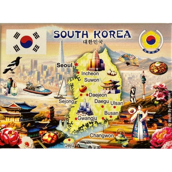 South Korea Graphic Map and Attractions Souvenir Fridge Magnet 2.5" X 3.5"