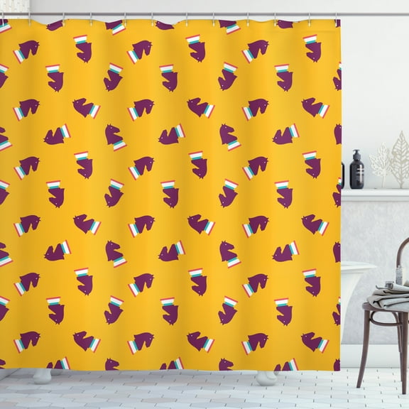 Playroom Shower Curtain, Chess Game Icons Horse Pieces Pattern Intellectual Game Kids Design, Fabric Bathroom Set with Hooks, 69W X 70L Inches, Marigold Purple Turquoise, by Ambesonne