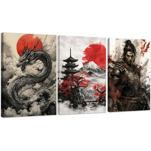 Hieng 3 Pieces Samurai Wall Art Canvas Prints Japanese Wall Decor Japan Culture Decor Bushido Poster Samurai Room Decorations Unframed
