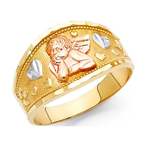 14k Tri Color Solid Italian Gold Guardian Angel w/ Multi Heart Ring 11mm
