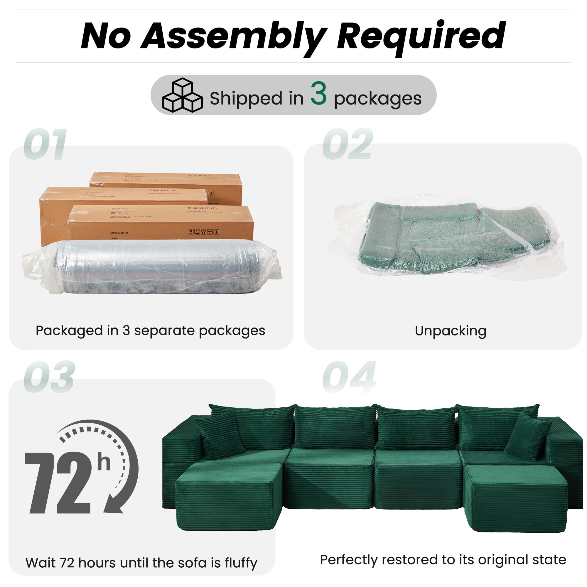 Vicluke 131" Cloud Couch Sectional, U Shaped Modern Sofa with 2 Ottomans, Comfy Corduroy Fabric Modular Sectional Sofa in a Box, Boneless Couches for Living Room, No Assembly Required (Green)