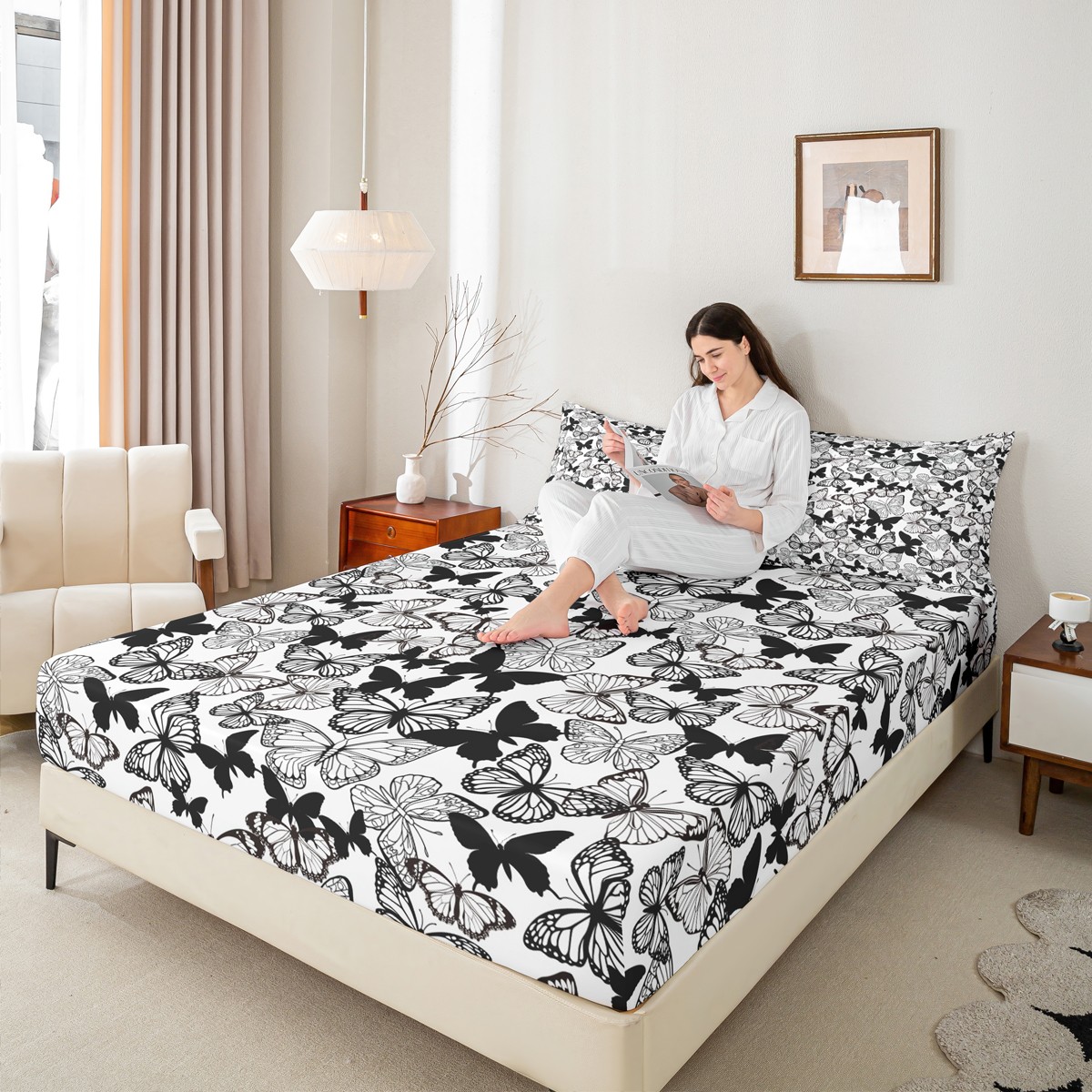 Homewish Flying Butterflies 4pcs Bed Sheets for Boys Girls,Black White King Sheets,Retro Vintage Super Cozy Sheet Set,Breathable Home Decor