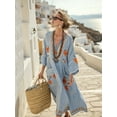 thumbnail image 2 of Women'S Summer Loose Oversized Cotton Linen Dress V Neck Boho Color Block Long Kaftan with Split Blue Flowers XL, 2 of 3