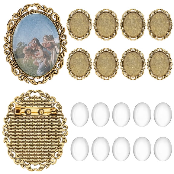 10 Sets Brooch Cabochon Making Kit 40x30mm Vintage Oval Brooch Bezel Blank Memorial Photo Pins with Clear Glass Cabochons for Jewelry Making Wedding Graduation Party Golden DIY
