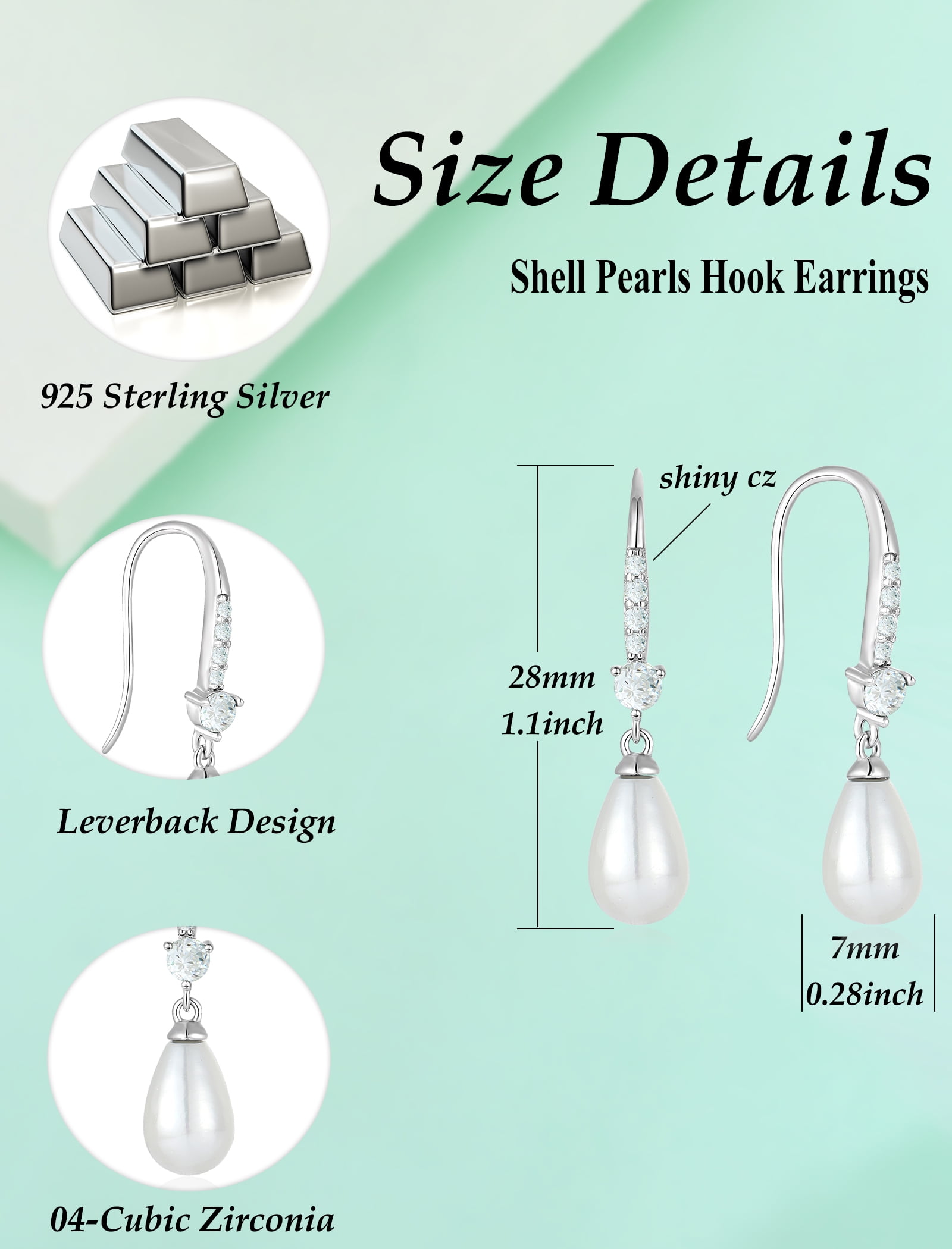 VESITIM Pearl Dangle Drop Earrings 925 Sterling Silver Shell Pearls Hook Earring for Women April Cubic Zirconia Birthstone Jewelry Gift