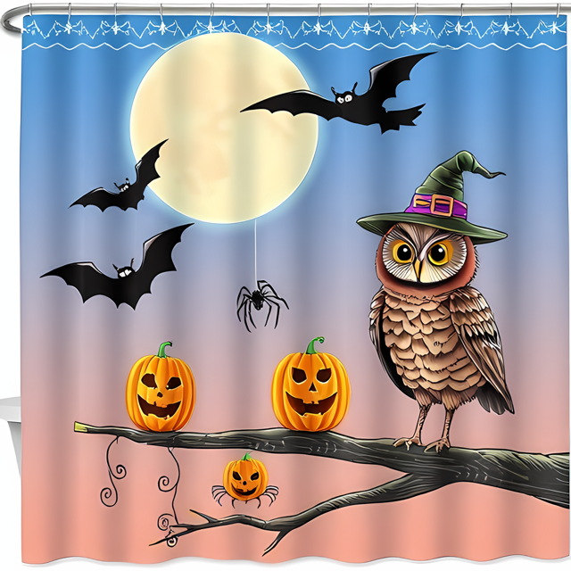 Whimsical Halloween Shower Curtain with Lanterns & Bats - Festive Bathroom Decor