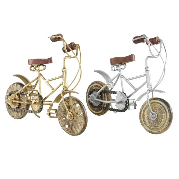 4"W, 8"H Multi Colored Metal Bike Sculpture with Wood Wheels, by DecMode (2 Count)
