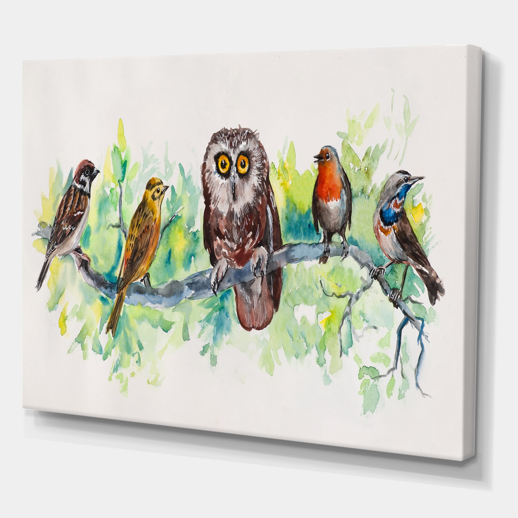 Designart ' Bird Friends With Owl On A Branch ' Traditional Canvas Wall Art Print