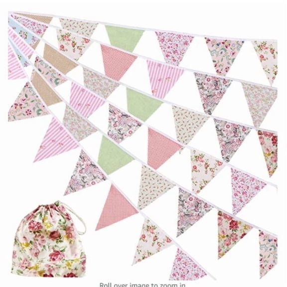 39Ft Pink Triangular Bunting Banner, 42Pcs Pink & White Tea Floral Cotton Flags, Pre-Strung Pennant Banner for Wedding Bridal Shower Birthday Graduation Church Valentine Decor