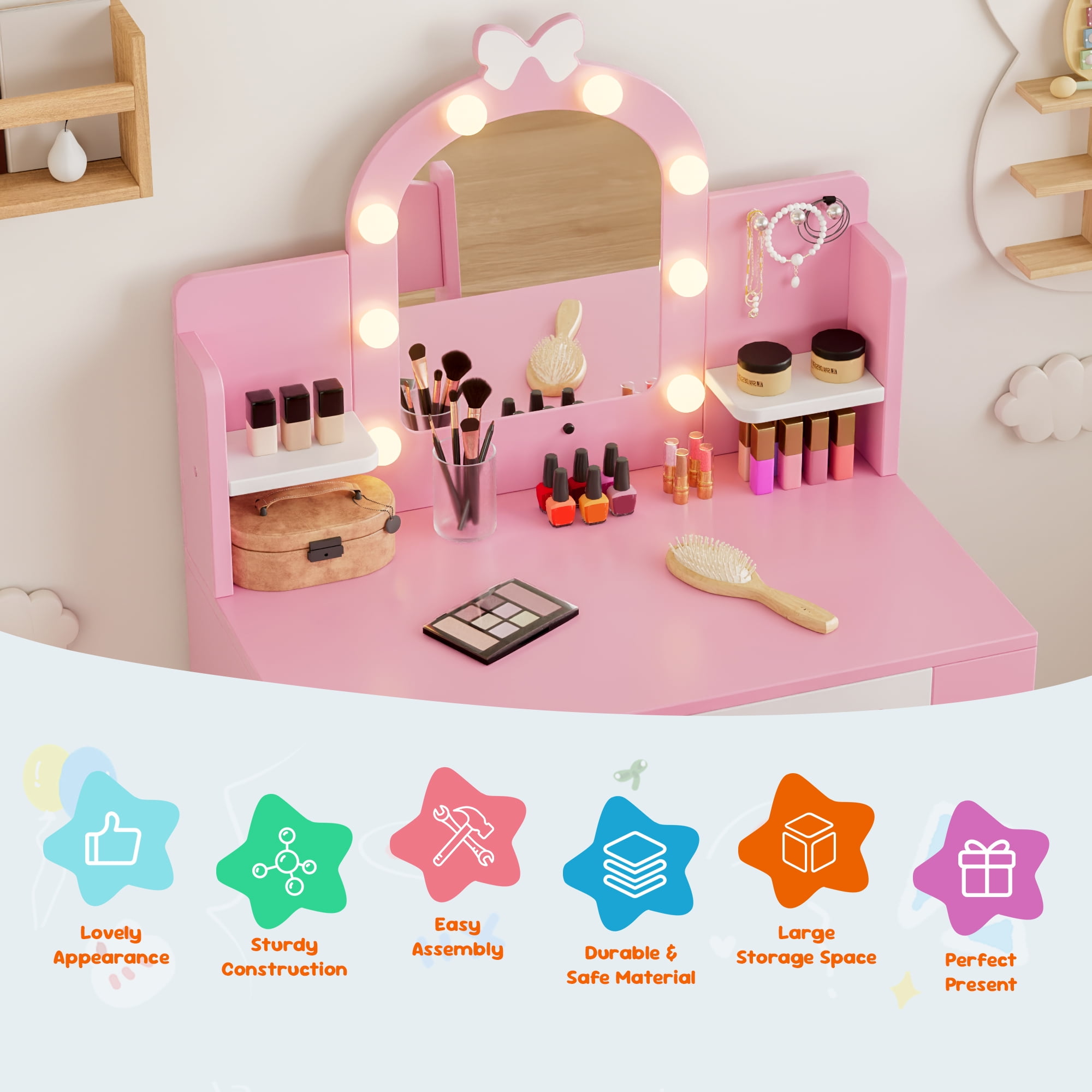 Reasea Kids LED Lights Vanity Table Set,Kids Vanity Table and Chair Set,Pink