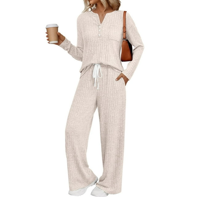 Womens 2 Piece Lounge Sets Fall Henley Neck Sweater Matching Sweat Suits Comfy Pajamas Clothes Pockets Apricot S