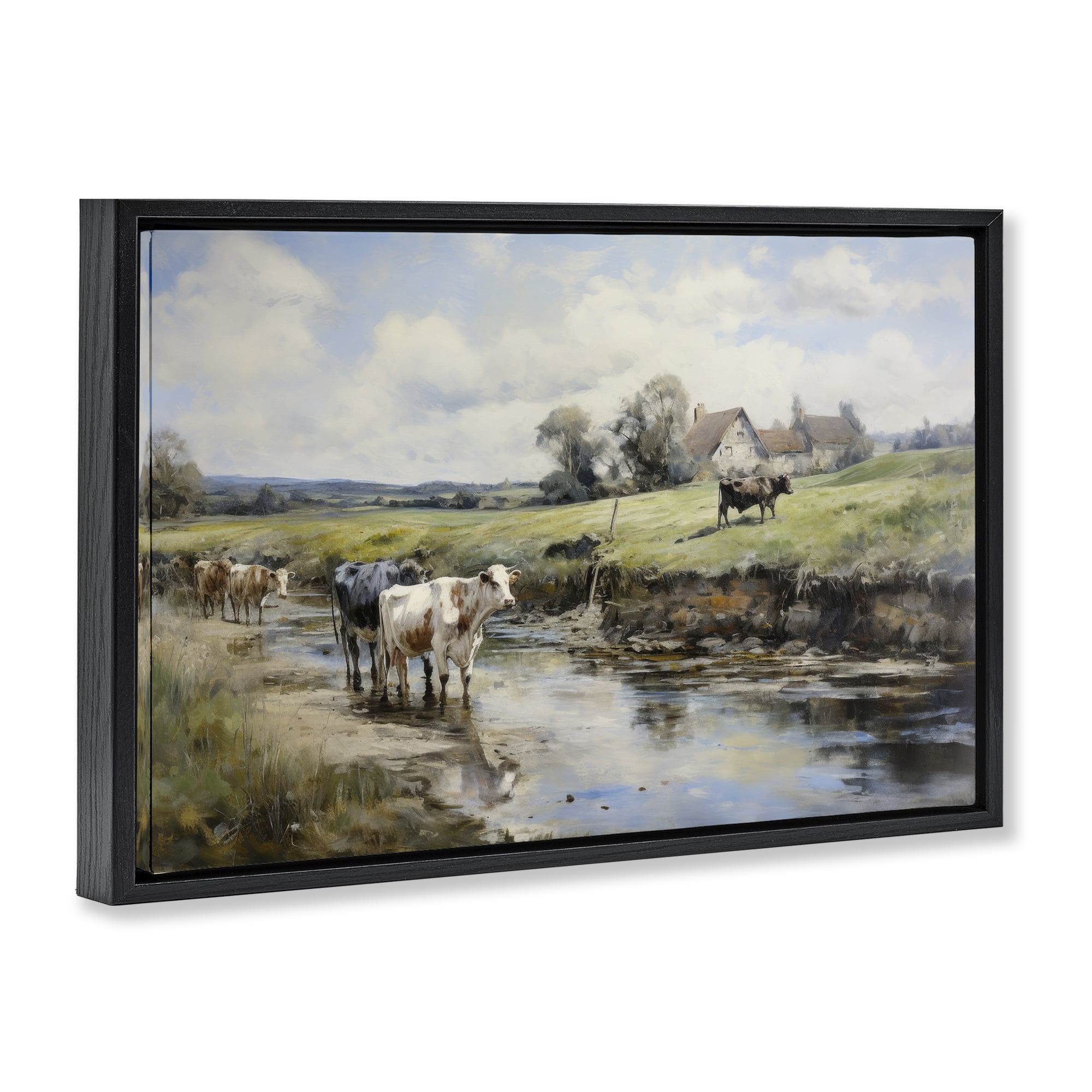 Stupell Industries Free Roaming Cattle Landscape & Nature Painting Black Floater Framed Canvas Art Print Wall Art, 25 x 17